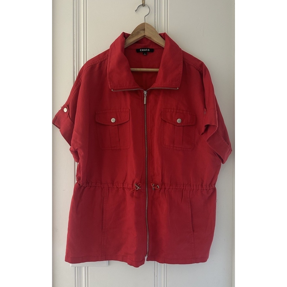 Chaus‎ Red Utility Jacket Womens Large Zip Front Short Sleeve Drawstring